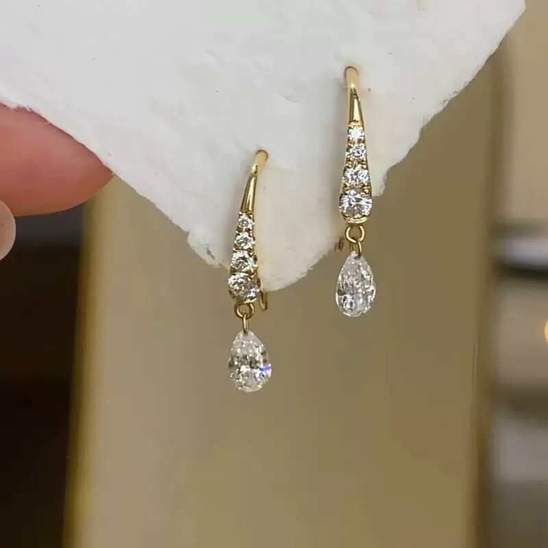 法式水滴锆石流苏耳钩~S925纯银镀18K金超闪轻奢高级感耳环耳钉女