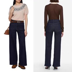 代购Frame冬季新款前贴口袋中腰弹力深蓝色直筒织绒加厚牛仔长裤