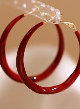 韩国复古红色耳圈2025年新款气质纯银针个性高级感女圆圈耳饰耳环