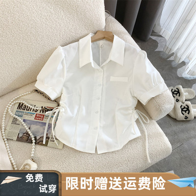 系带蝴蝶结收腰短款白色衬衫女夏