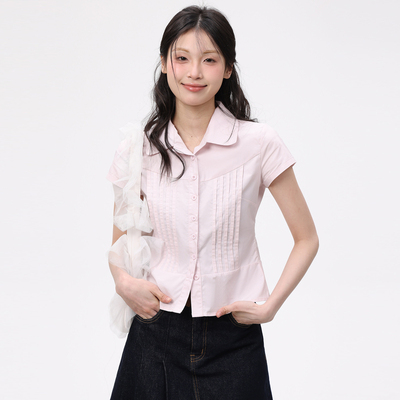 韩系少女风粉色短袖衬衫女夏季款