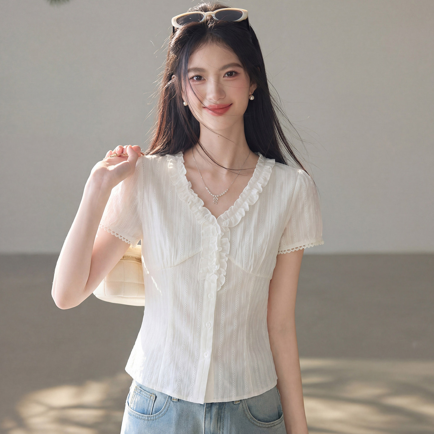 法式甜美花边拼接白衬衫女短袖夏
