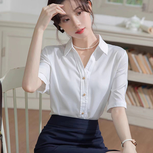 夏季衬衫女短袖薄款V领白色中袖职业装面试正装女衬衣工作服女士