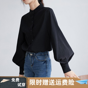 设计感小众立领灯笼袖上衣泡泡袖磨毛微厚长袖黑衬衫女2026年新款