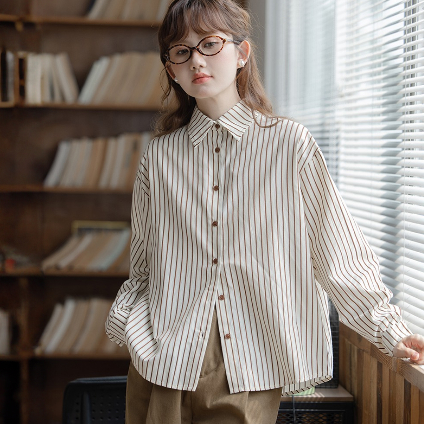 学院风条纹长袖衬衫女上衣打底衫