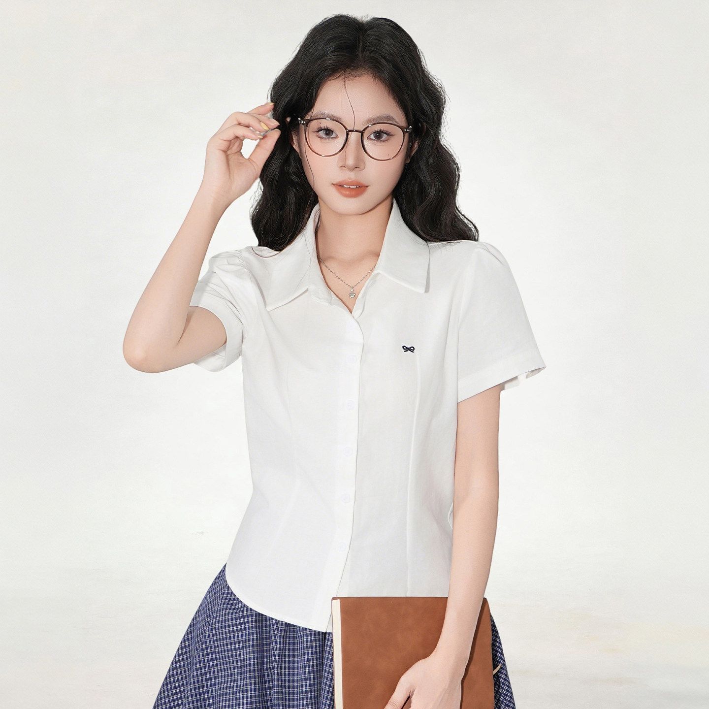 韩系学院风白色polo领开衫短袖衬衫女夏蝴蝶结刺绣透气设计感上衣