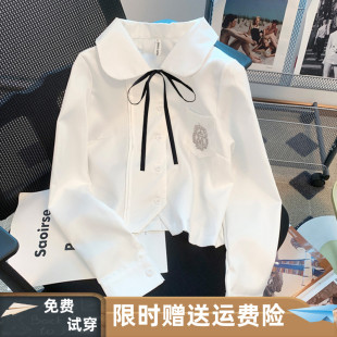新款 女2025春季 白色衬衫 学院风甜美娃娃领衬衣百搭系带蝴蝶结长袖