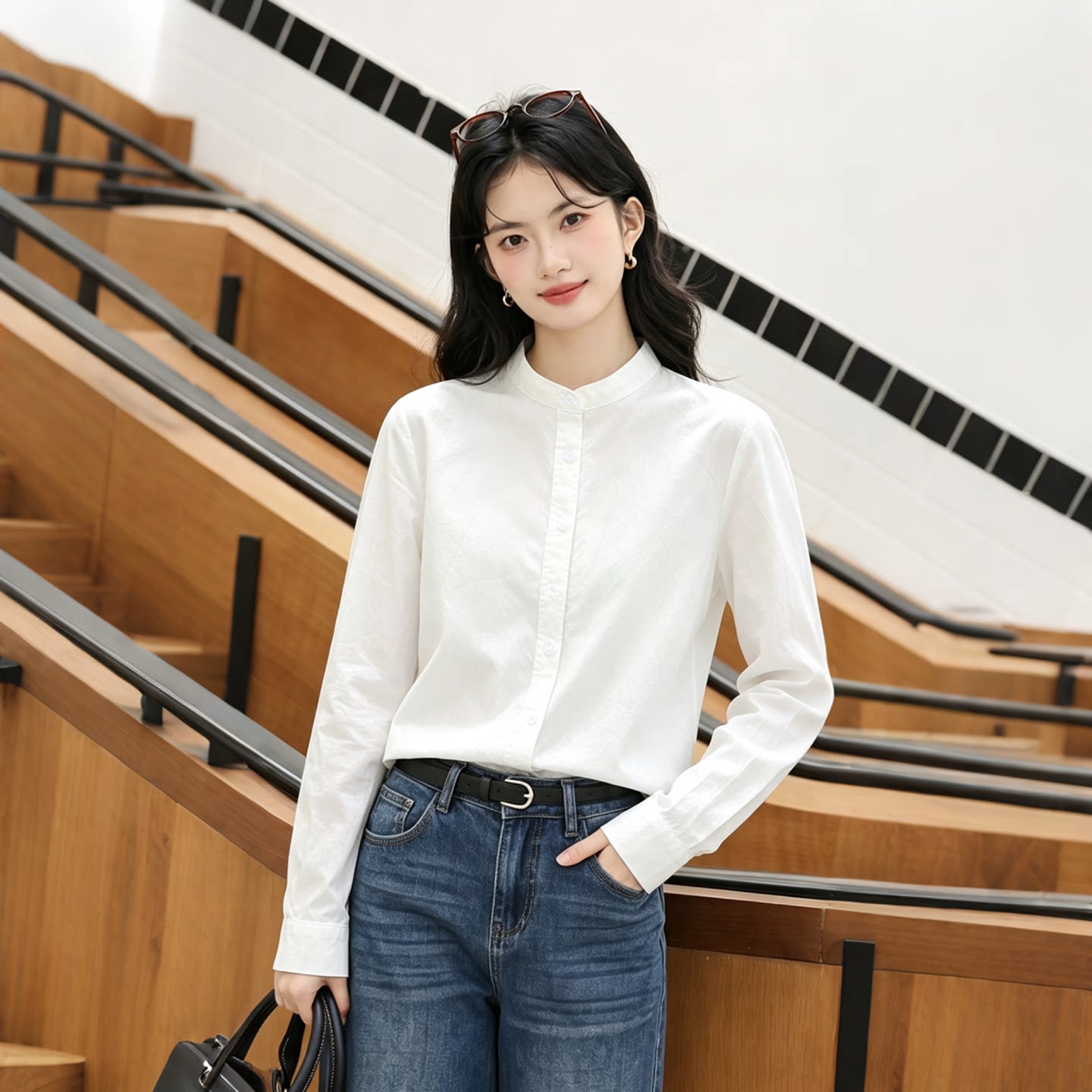 秋季装学院风圆领白色衬衫女长袖叠穿百搭小个子气质简约立领上衣