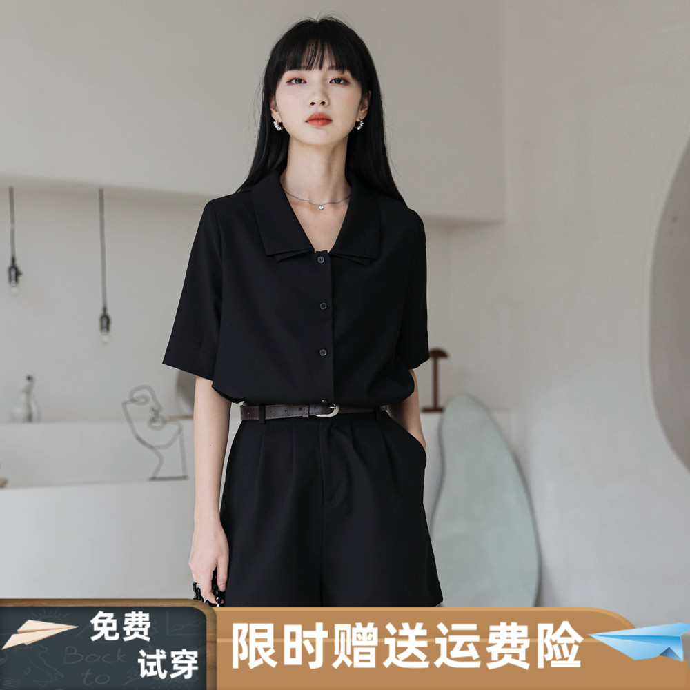 法式通勤设计感双层领领纯色短袖衬衫上衣2024夏季新款娃娃领衬衣