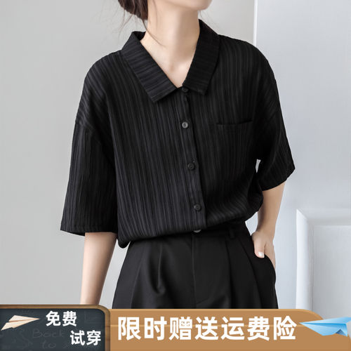 短袖黑衬衫肌理感短袖设计感上衣