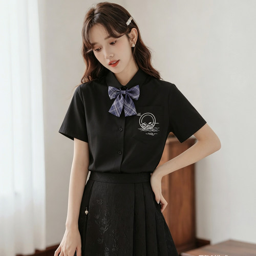 学院风jk制服黑色短袖衬衫女2026