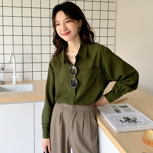 绿色设计感内搭宽松复古港味纯色长袖衬衫女显瘦秋季新款衬衣上衣