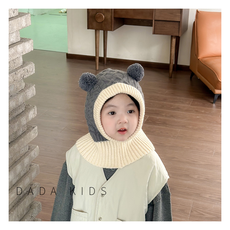 可爱小熊儿童帽子围脖一体帽ins韩国宝宝秋冬户外保暖针织披肩帽