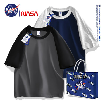 NASA联名纯棉插肩短袖T恤男女款夏季美式重磅纯色潮流拼接五分袖