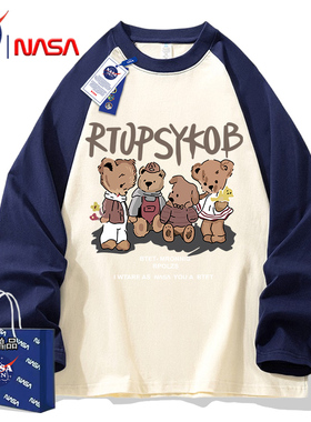 NASA联名纯棉春秋季新款拼接美式卡通长袖t恤男女宽松撞色插肩袖