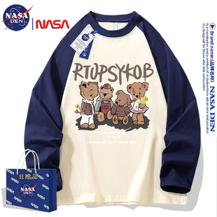 t恤男女宽松撞色插肩袖 NASA联名纯棉春秋季 卡通长袖 拼接美式 新款