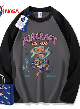 NASA联名插肩袖撞色拼接长袖T恤男女秋季印花重磅纯棉美式高街男