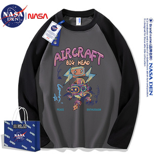 印花重磅纯棉美式 T恤男女秋季 高街男 撞色拼接长袖 NASA联名插肩袖