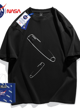 NASA联名百搭潮流印花重磅纯棉T恤落肩袖男女款时尚慵懒短袖夏季