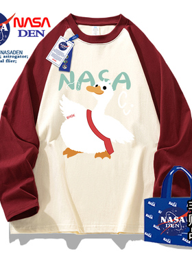 NASA联名2024年长袖春秋款男士t恤纯棉圆领潮ins情侣打底插肩拼接