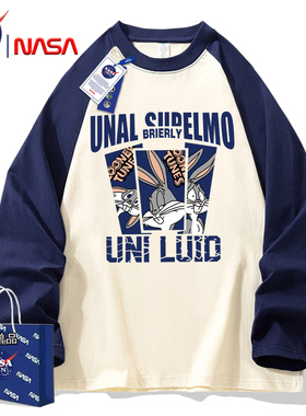 NASA联名纯棉拼色插肩长袖t恤男女秋季新款韩版设计感小众上衣潮