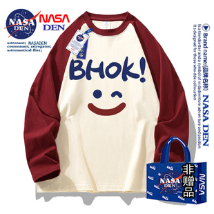 纯棉印花拼接T恤宽松插肩袖 NASA联名2024年青少年长袖 t恤男春秋季