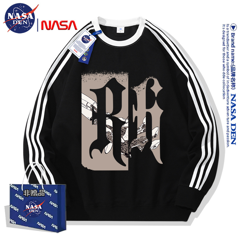 NASA联名潮流美式印花三条杠男女同款圆领卫衣秋冬休闲落肩款上衣