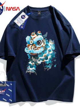 NASA联名美式复古休闲落肩T恤短袖男女同款印花上衣纯棉夏季重磅