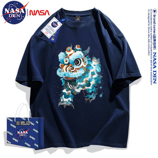 印花上衣纯棉夏季 男女同款 重磅 复古休闲落肩T恤短袖 NASA联名美式