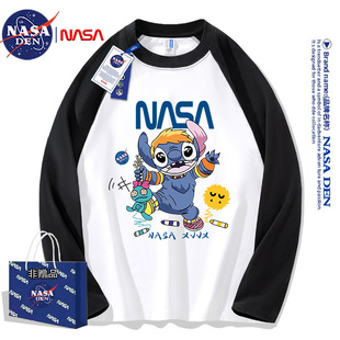 时尚 春秋季 百搭简约圆领印花 T恤男女款 NASA联名纯棉插肩拼接长袖