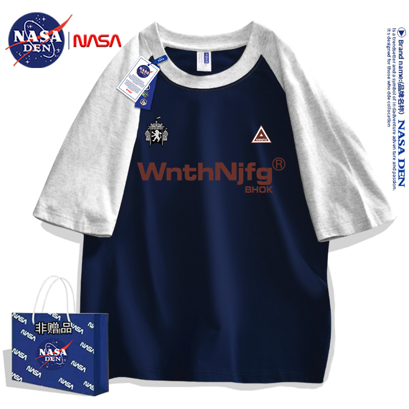 NASA联名时尚简约字母印花重磅纯棉插肩袖上衣男女款拼接短袖T恤