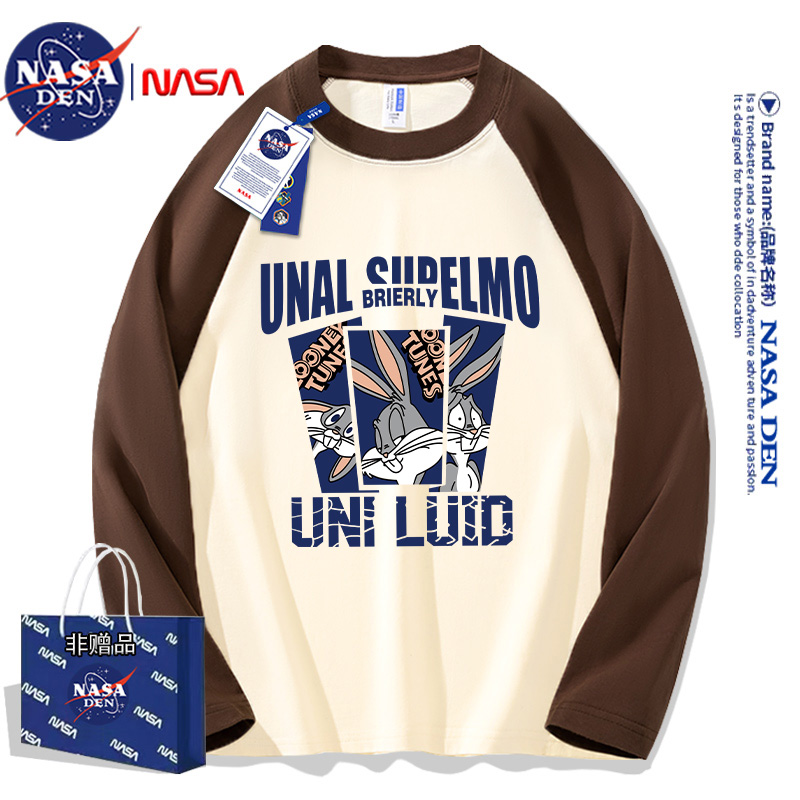 NASA联名秋季撞色纯棉长袖T恤男2024印花学生韩版潮流套头外穿衣