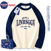 复古上衣服流行情侣 美式 NASA联名日系纯棉插肩拼接长袖 t恤男款
