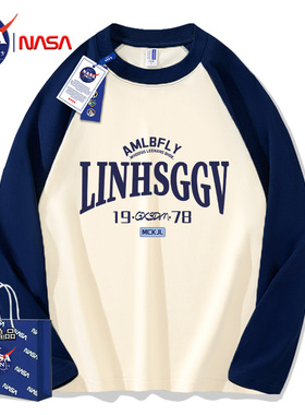 NASA联名日系纯棉插肩拼接长袖t恤男款美式复古上衣服流行情侣