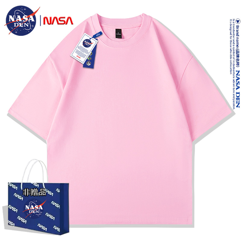 NASA联名夏季美式T恤男女时尚纯色五分袖青年宽松复古休闲纯棉衣