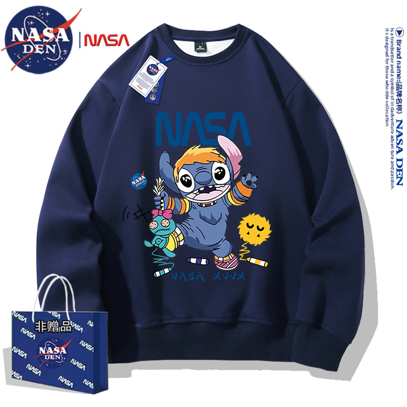 NASA联名日系复古长袖卫衣男女款秋冬季加绒加厚印花圆领上衣服衫