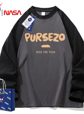 NASA联名美式复古插肩长袖t恤男女款春秋季纯棉内搭卫衣打底上衣