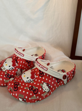 林先叁 HelloKitty波点红色洞洞鞋可爱卡通镂空防滑沙滩鞋女