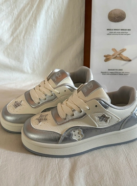 林先叁 韩系星星厚底面包鞋女小众不撞款白灰色系带休闲板鞋百搭