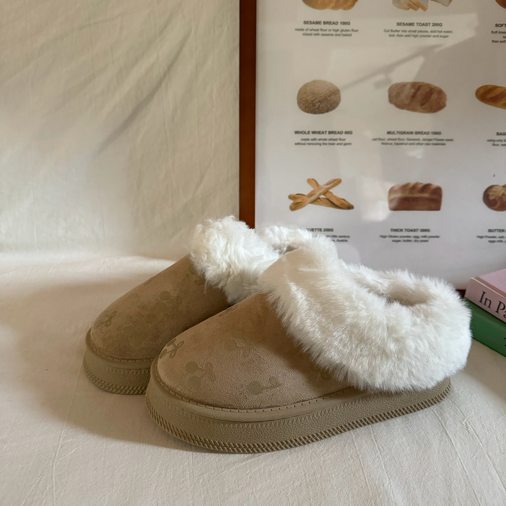 林先叁 樱桃毛绒包头拖鞋女厚底保暖舒适一脚蹬防滑勃肯棉拖鞋