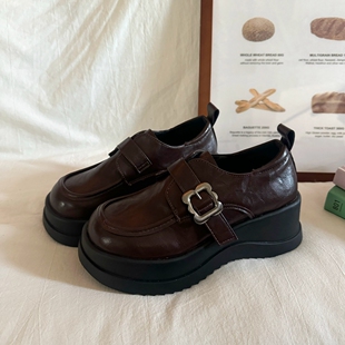 春季 百搭单鞋 新款 女圆头搭扣增高小皮鞋 英伦风厚底乐福鞋 林先叁