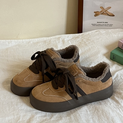 林先叁 加绒厚底板鞋2025新款秋冬百搭德训鞋女鞋ins潮复古休闲鞋