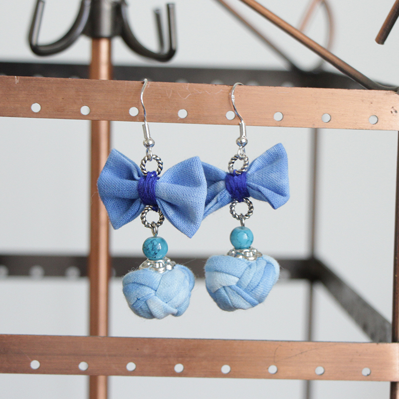 云南复古布艺耳环中国扎染蓝染耳坠民族长款风盘花朵耳饰文艺气质