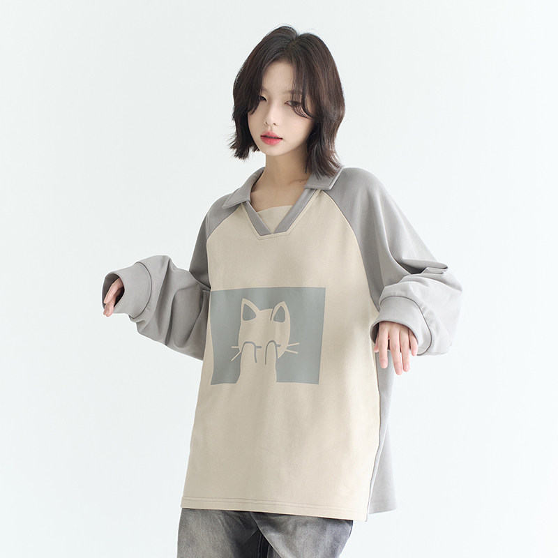 万有引力博物馆 拼接撞色翻领卫衣女秋季2025新款插肩袖宽松上衣