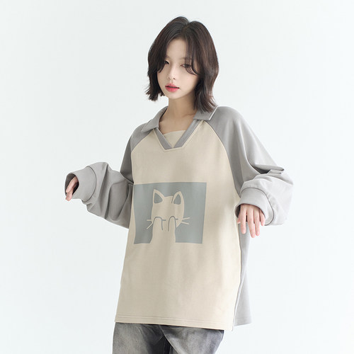 万有引力博物馆 拼接撞色翻领卫衣女秋季2025新款插肩袖宽松上衣