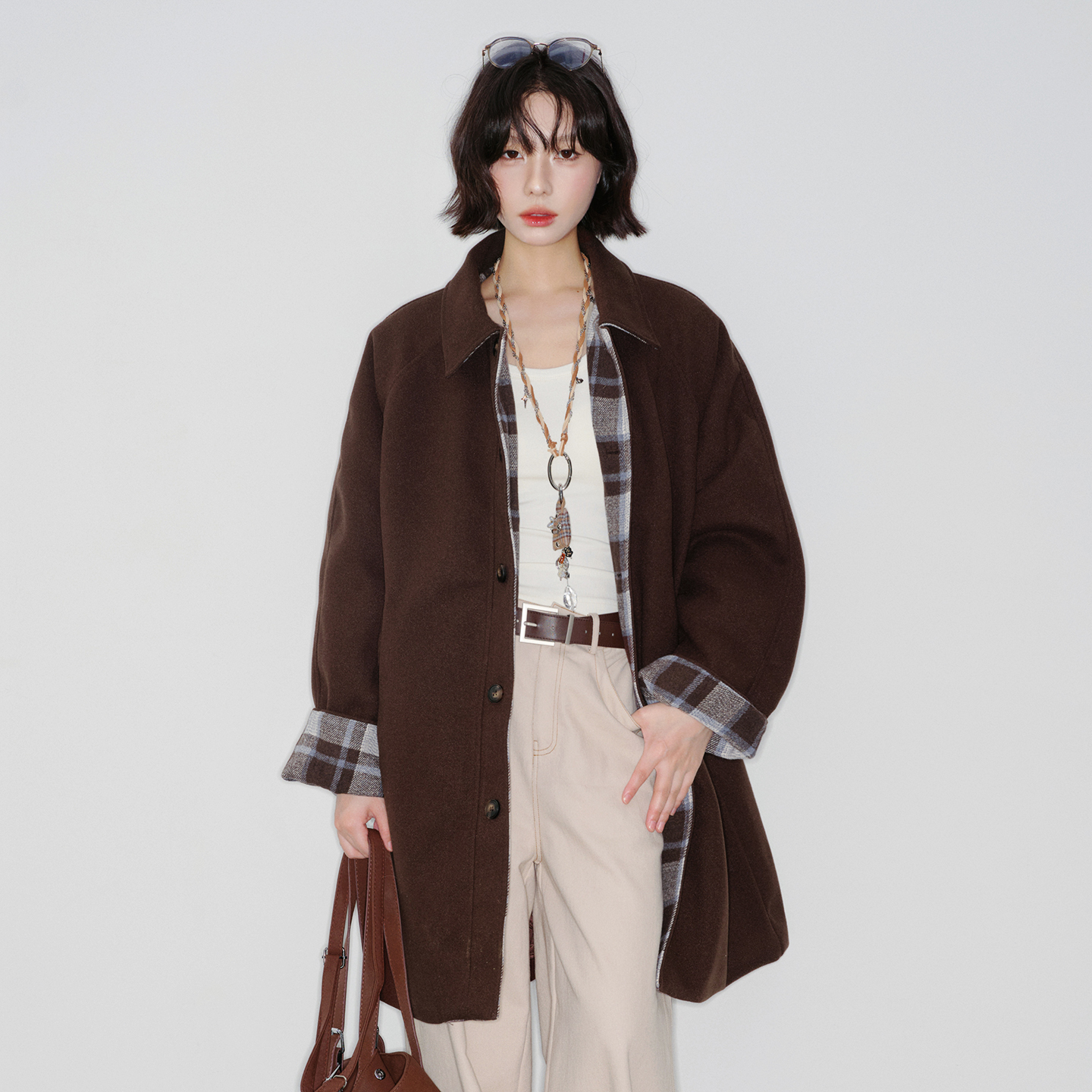 万有引力博物馆中长款夹棉呢大衣女冬季宽松加厚冬装毛呢棉衣外套