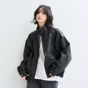 万有引力博物馆 宽松中性风机车服防风上衣 立领皮衣外套女春秋款