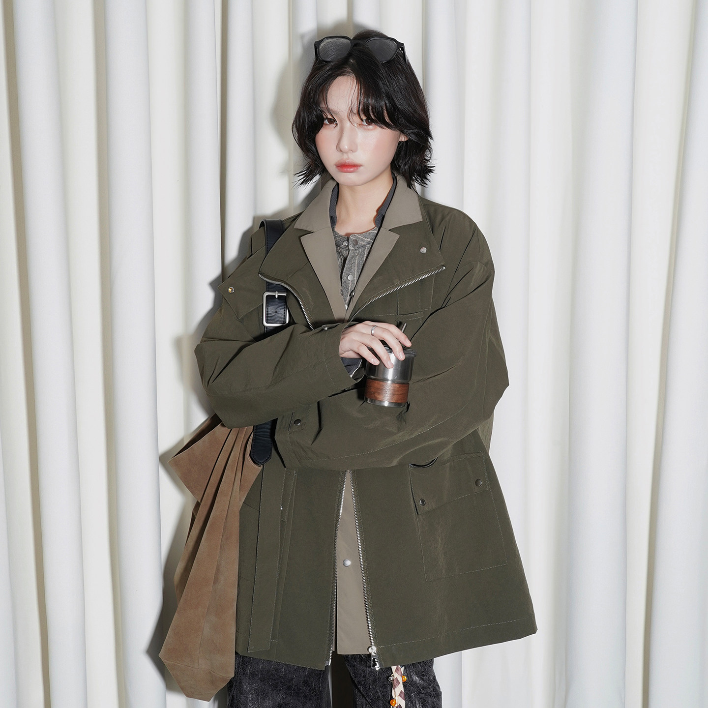 万有引力博物馆  中长款立领外套女秋季2025新款宽松纯色秋装上衣