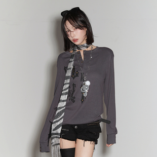 新款 T恤女春季 莱赛尔宽松上衣 字母印花亨利领长袖 万有引力博物馆