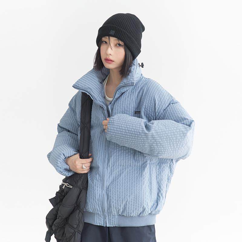 万有引力博物馆 细格纹理立领棉服女冬季新款宽松棉衣外套面包服K